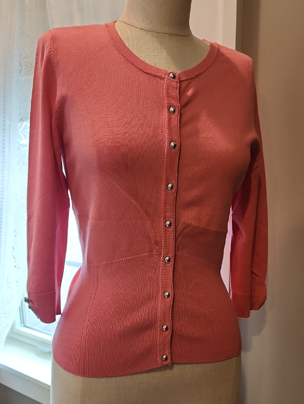 White House Black Market Coral-Pink Knit Cardigan With Decorative Snaps